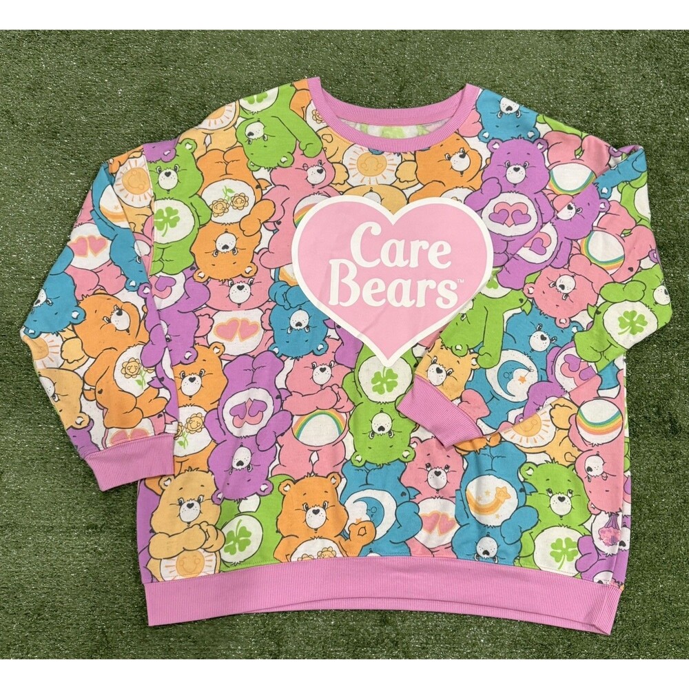 Care Bears All Over Print Sweatshirt Pink Heart Logo Pullover Multicolor Medium